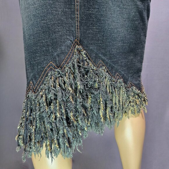 Vintage Parasuco Fringed Denim Midi Skirt Size S Dark Wash Grunge Festival - Picture 8 of 10
